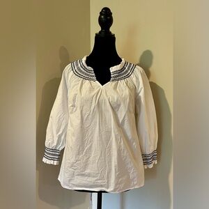 Talbots White Smocked Cotton Blouse with Blue Embroidery